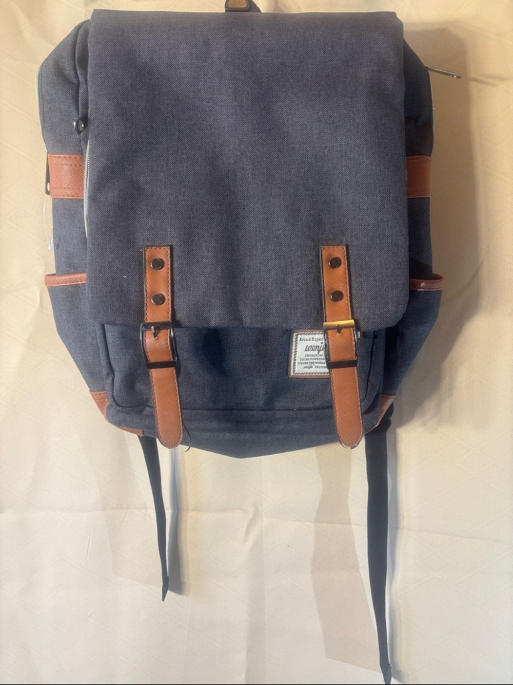 Navy Canvas Backpack with Tan Faux-Leather Accents 0057